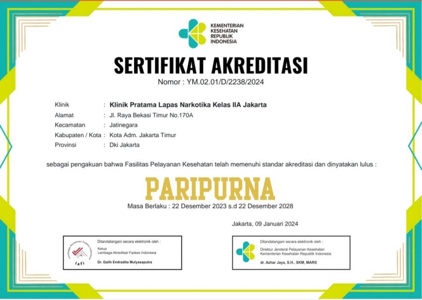 PARIPURNA, Klinik Lapas Narkotika Jakarta Meraih Sertifikat Akreditasi Dari Kementerian Kesehatan RI