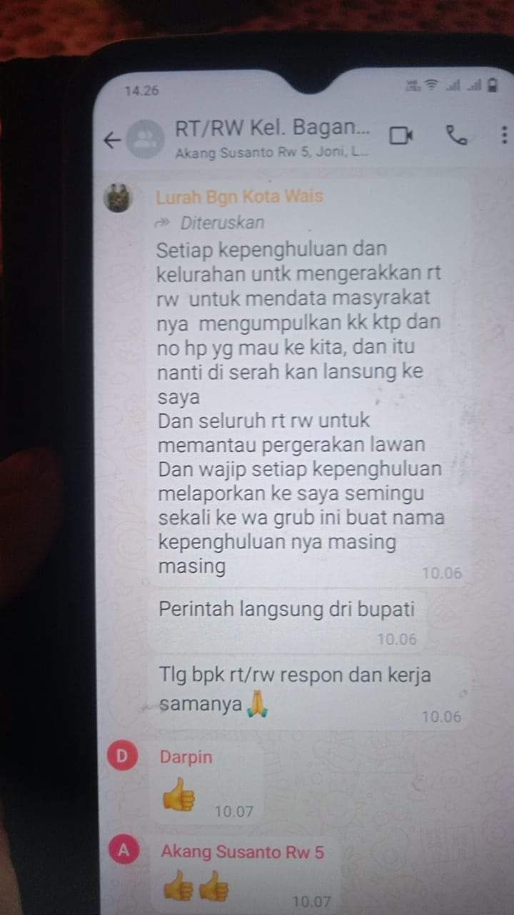 Viral! Oknum Lurah di Rohil Ajak RT Dan RW Dukung Salah Satu Calon Bupati Lewat Pesan Group, Ganda Mora: Tak Tau Aturan