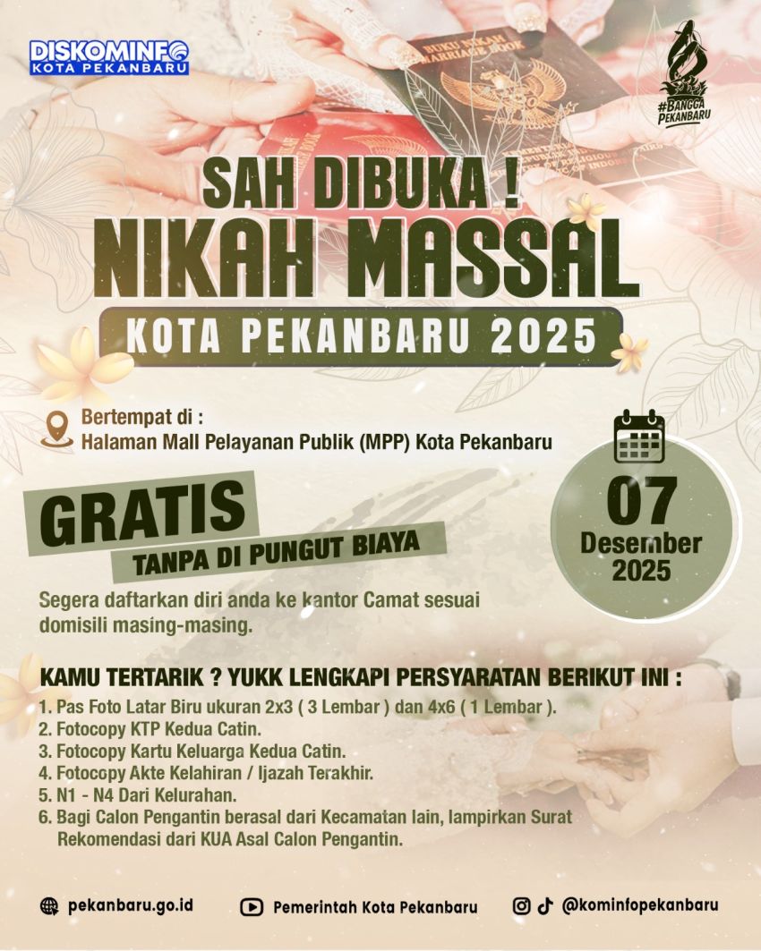 Nikah Masal Gratis Pemko Pekanbaru, 43 Calon Pasutri Sudah Didaftar